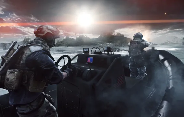 The sun, Boat, Soldiers, USA, Battlefield 4, Paracel Islands, Paracel Storm