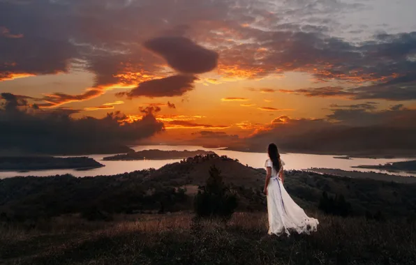 The sky, girl, landscape, nature, romance, dal, dress, long hair