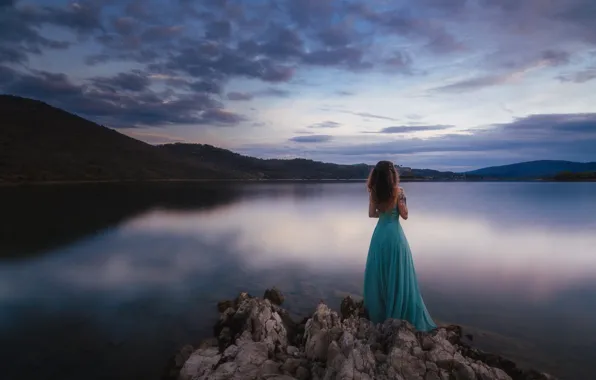 The sky, girl, clouds, mountains, nature, pose, lake, stones