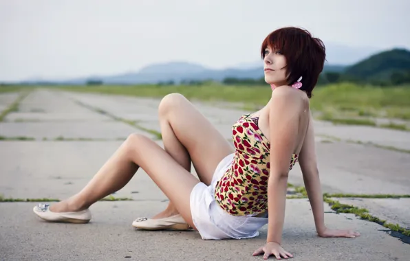 Look, girl, brunette, plate, legs, sitting, Veronica, ballet flats