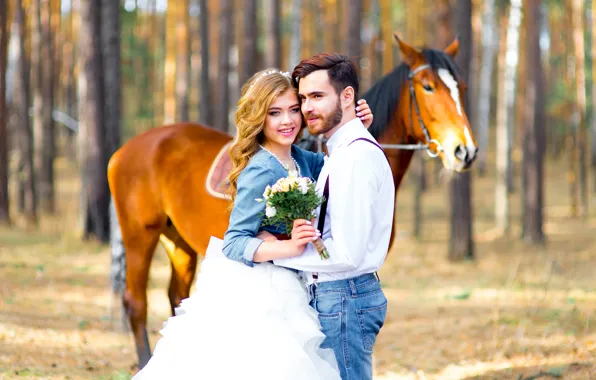 Forest, girl, trees, nature, horse, bouquet, pair, lovers