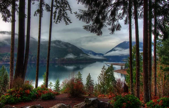 Autumn, clouds, trees, mountains, fog, lake, stones, shore