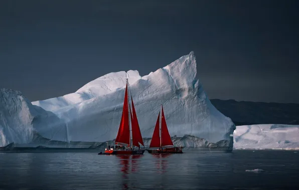 Picture sea, yachts, ice, icebergs, scarlet sails, Greenland