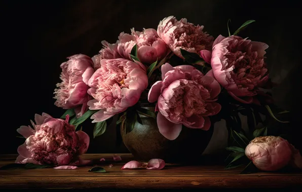 Flowers, the dark background, bouquet, pink, peonies, lush, Terry, AI art