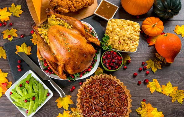 Pie, salad, meals, Turkey, cuts, cranberry, pecan