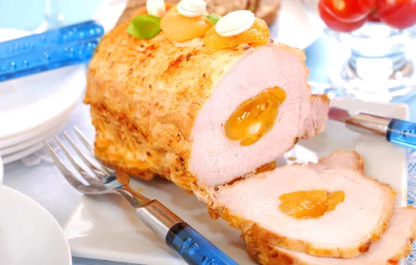Meat, dish, dried apricots, chicken roll