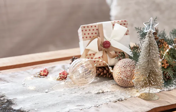 Balls, table, box, gift, Christmas, New year, herringbone, bow