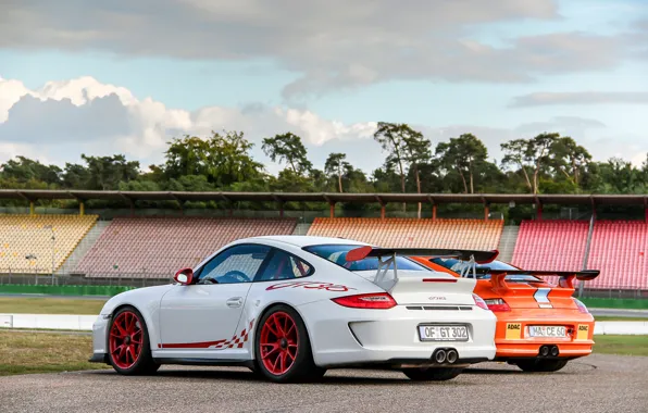 Picture white, trees, orange, Porsche, white, Porsche, track, gt3