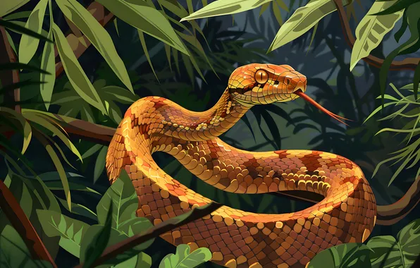 Language, Snake, Trees, Leaves, Jungle, Art, Reptile, Animal