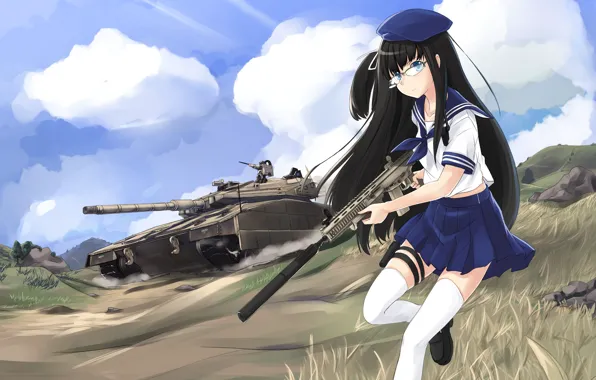 Picture girl, gun, weapon, anime, brunette, rifle, tank, japanese