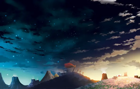 The sky, stars, clouds, sunset, sword, anime, art, cloak