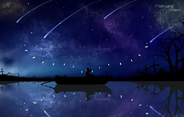Picture the sky, water, girl, stars, night, boat, wings, anime