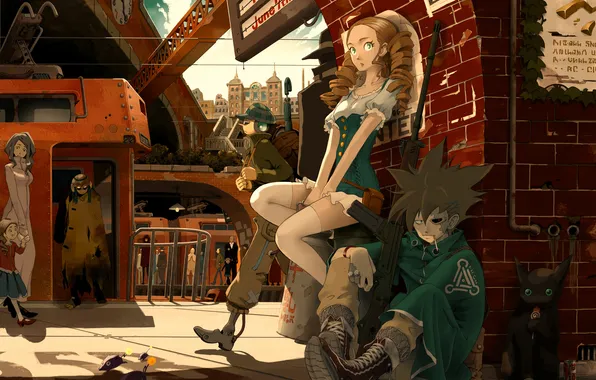 Cat, girl, weapons, station, candy, guy