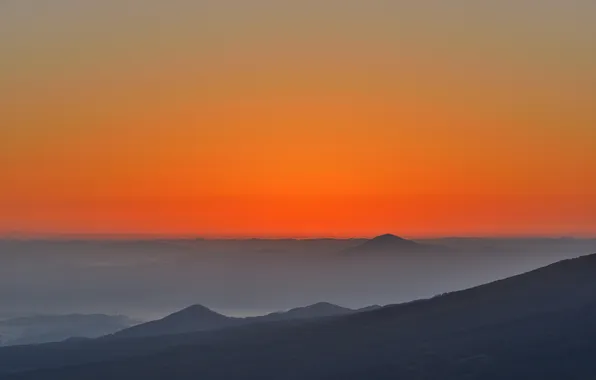 The sky, sunset, mountains, fog, top, glow