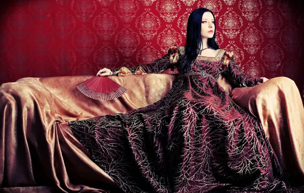 Pose, portrait, makeup, dress, brunette, fan, hairstyle, outfit