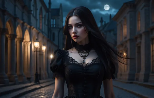 Girl, night, the city, Gothic, the moon, brunette, fantasy, in black