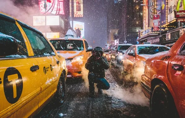 Winter, street, New York, neon, camera, taxi, male, Manhattan