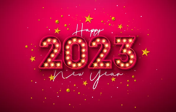 Picture new year, figures, pink background, stars, light bulb, red background, date, 2023