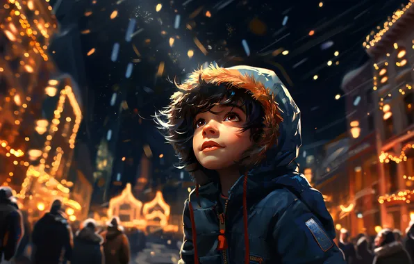 Home, Night, Boy, People, Christmas, Child, New year, Digital art