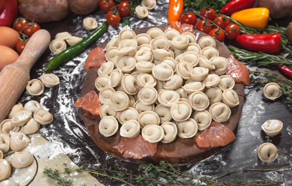 Picture vegetables, salmon, dumplings, fish