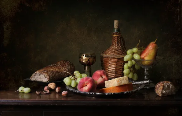Wine, glass, cheese, bread, grapes, pear, nuts, peach