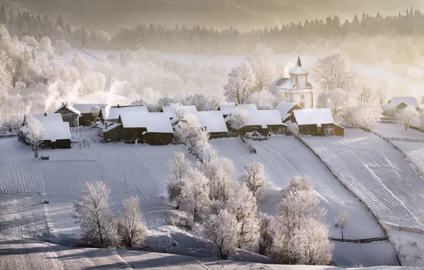 Picture winter, home, village, temple, Winter Tale