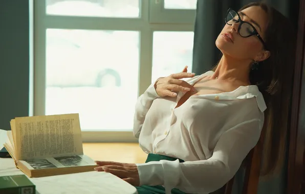 Girl, pose, books, hands, glasses, blouse, closed eyes, Alexander Evstigneev