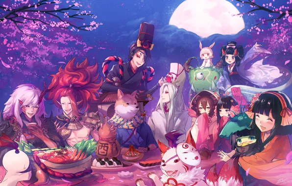 The moon, anime, art, creatures, Onmyouji