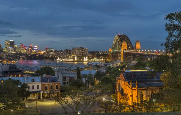 Night, bridge, lights, river, Australia, Sydney, promenade