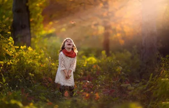 Picture autumn, forest, leaves, laughter, girl