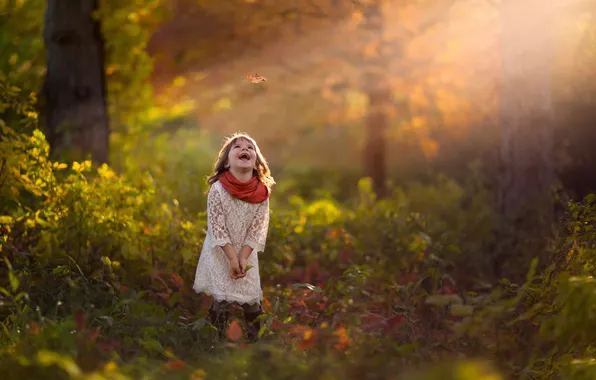 Autumn, forest, sheet, laughter, girl