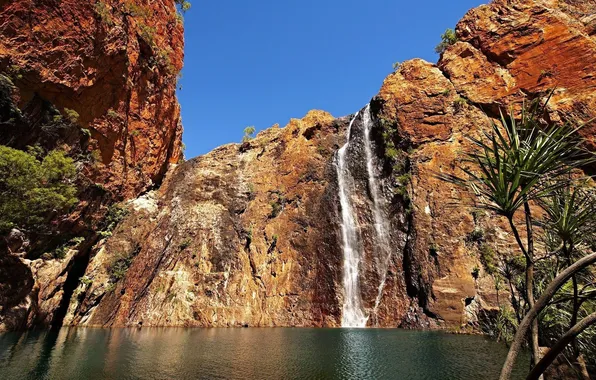 Mountains, lake, rocks, waterfall