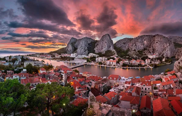 Sunset, mountains, building, panorama, Croatia, Croatia, The Adriatic sea, Adriatic Sea