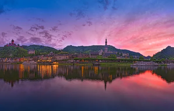 Landscape, sunset, reflection, river, hills, Germany, Germany, Cochem