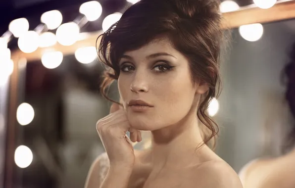 Look, portrait, actress, mirror, brunette, beauty, light bulb, Gemma Arterton