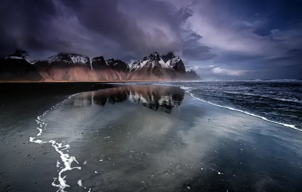 Picture beach, mountains, Iceland, black sand
