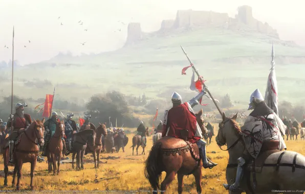 Castle, horses, horse, hill, battle, the battle, the middle ages, knights