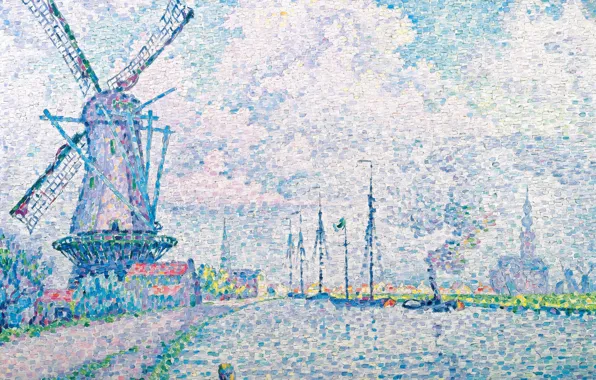 Landscape, picture, windmill, Paul Signac, pointillism, Canal of Overschie
