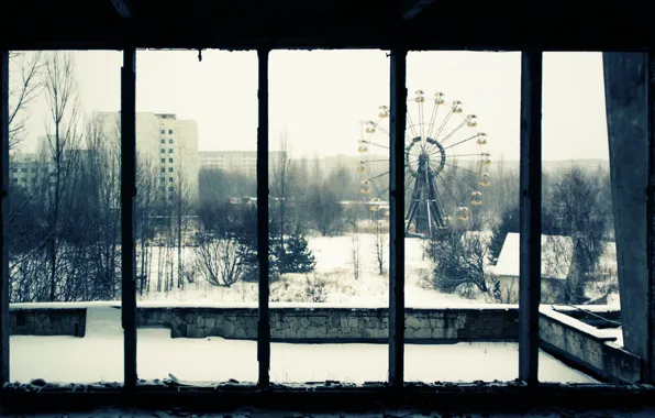 Picture snow, trees, home, window, carousel, Pripyat, area
