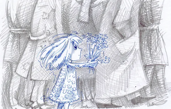 Figure, child, bouquet, girl, adults