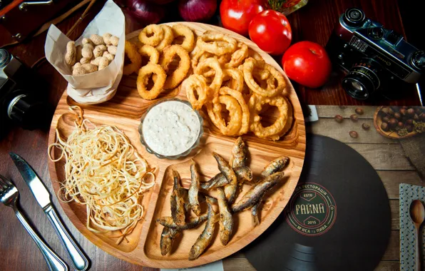 Picture fish, cheese, tomatoes, peanuts, appetizer, onion rings