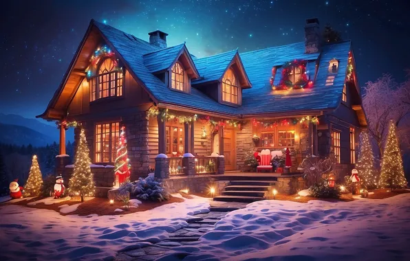 Picture winter, snow, decoration, night, lights, house, tree, colorful