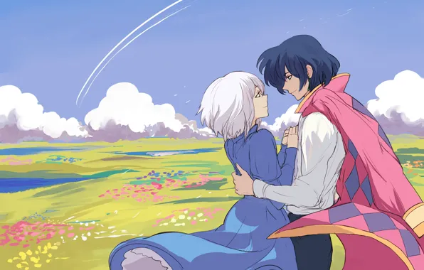 Picture field, girl, clouds, flowers, art, guy, Hayao Miyazaki, Howl's moving castle