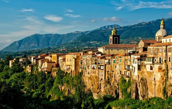 The sky, trees, mountains, rocks, tower, home, Italy, Church