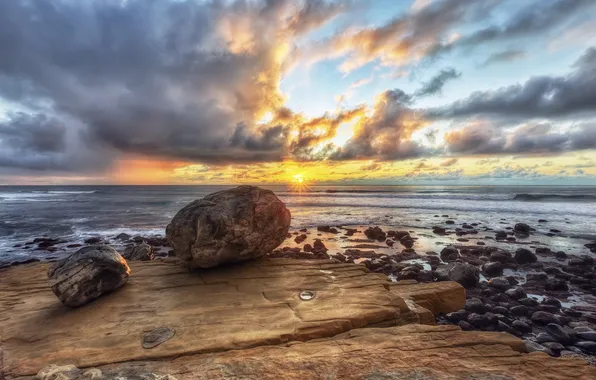 Sea, beach, the sky, the sun, landscape, sunset, nature, the ocean