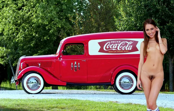 Language, model, mouth, coca cola, boobs, smile, brunette, van