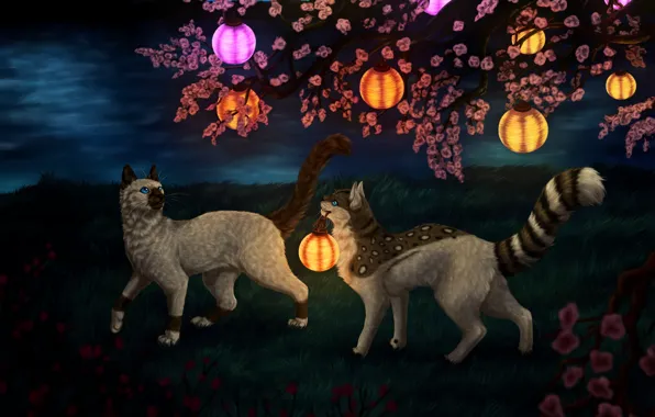 Cats, night, nature, fantasy, lanterns, cherry blossoms, by Vialir