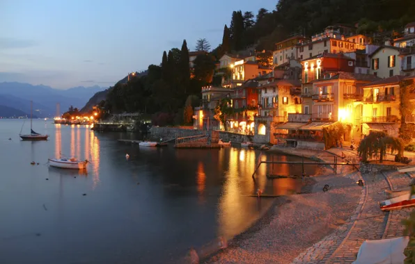 Picture lights, Italy, sunset, lake, evening, houses, boats, Como