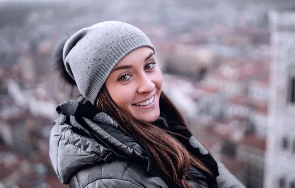 Roof, look, girl, smile, background, hat, height, portrait