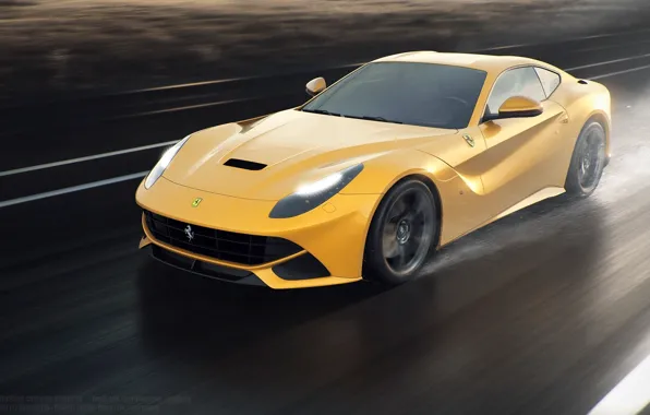 Picture Ferrari, Speed, Front, Sun, Rain, Yellow, Road, Berlinetta